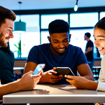 A diverse group of young adults, fully clothed in modern, modest attire, gathered in a bright, futuristic cafe. They are looking at their smartphones and tablets, some wearing headphones, actively engaged in a social music app. Subtle holographic interfaces display live streaming music concerts and vibrant chat interactions, emphasizing community and shared musical experiences. Perfect anatomy, correct proportions, natural pose, well-formed hands, proper finger count, natural body proportions, professional photography, high quality, safe for work, appropriate content, fully clothed, professional, family-friendly.