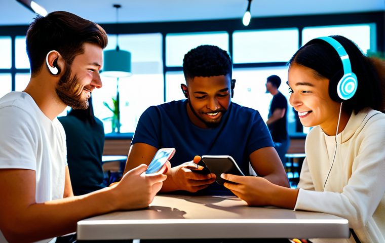 A diverse group of young adults, fully clothed in modern, modest attire, gathered in a bright, futuristic cafe. They are looking at their smartphones and tablets, some wearing headphones, actively engaged in a social music app. Subtle holographic interfaces display live streaming music concerts and vibrant chat interactions, emphasizing community and shared musical experiences. Perfect anatomy, correct proportions, natural pose, well-formed hands, proper finger count, natural body proportions, professional photography, high quality, safe for work, appropriate content, fully clothed, professional, family-friendly.
