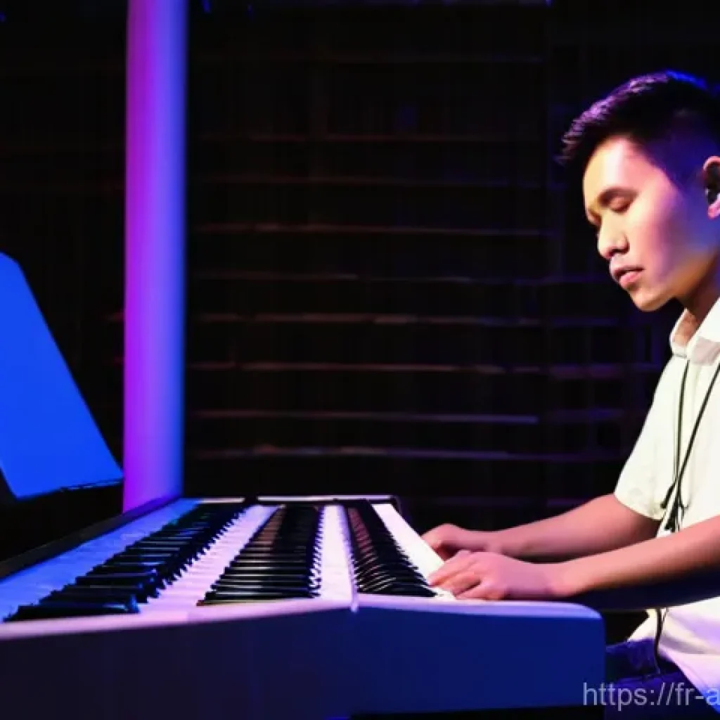 라오스 음악의 현대적 변화 - **Prompt 1: Khaen Meets Electronic Fusion**
A young Laotian musician, mid-20s, with a charismati...