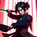 Gurenge  紅蓮華    일본 애니메이션 음악의 세계적 인기 - A dynamic and powerful female singer, styled like a J-rock artist, performing on a vibrant stage. Sh...