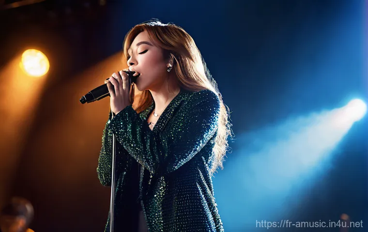 Gurenge  紅蓮華    일본 애니메이션 음악의 세계적 인기 - A dynamic and powerful female singer, styled like a J-rock artist, performing on a vibrant stage. Sh...