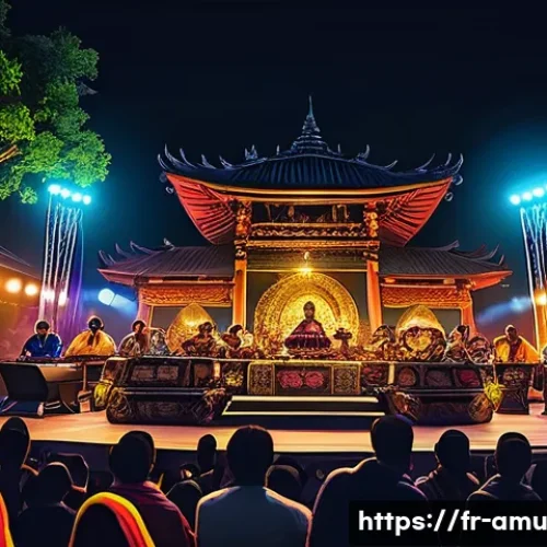 한국제외 동남아 음악 스트리밍 순위 - A vibrant Indonesian music festival scene featuring young artists blending traditional gamelan instr...