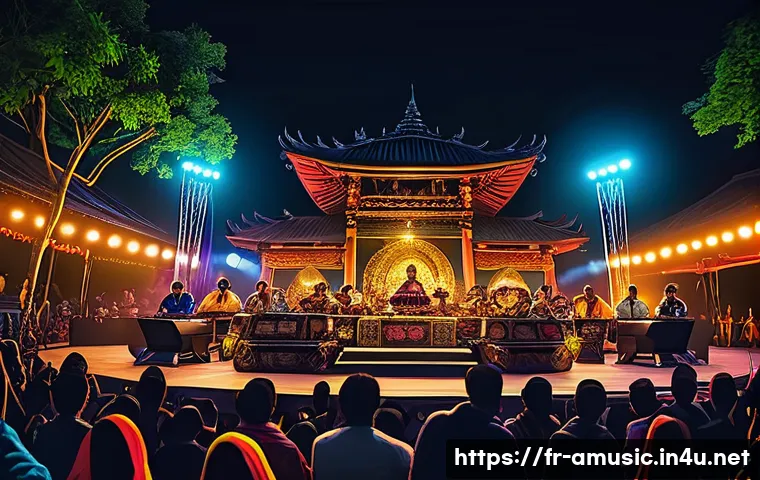 한국제외 동남아 음악 스트리밍 순위 - A vibrant Indonesian music festival scene featuring young artists blending traditional gamelan instr...