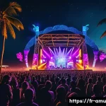 Home 20 동남아시아 EDM 페스티벌 인기 DJ 리스트 - A vibrant nighttime EDM festival scene on a tropical beach in Bali, Indonesia, with a diverse crowd ...
