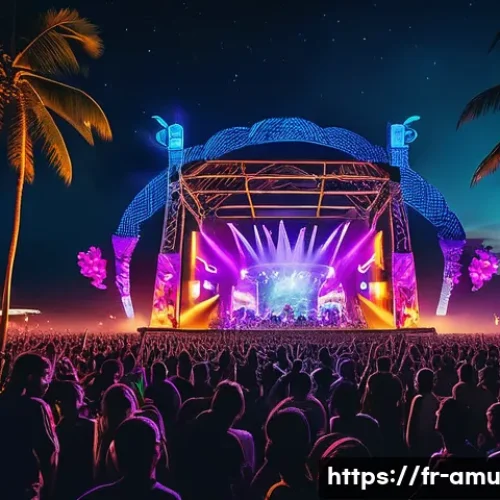 Home 32 동남아시아 EDM 페스티벌 인기 DJ 리스트 - A vibrant nighttime EDM festival scene on a tropical beach in Bali, Indonesia, with a diverse crowd ...