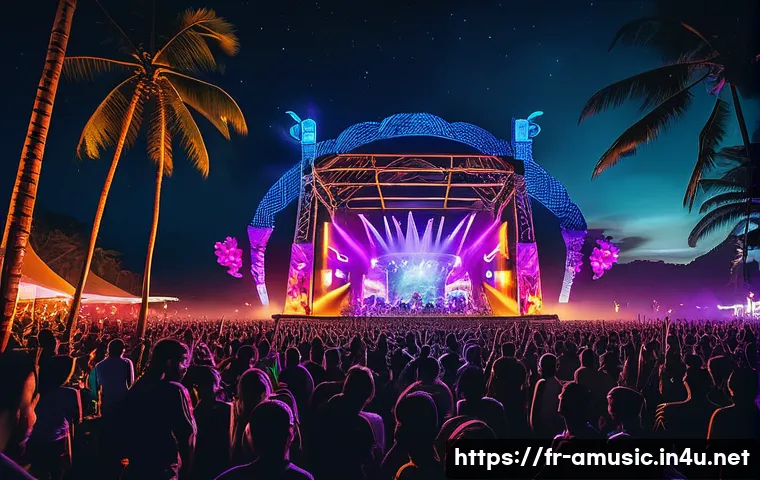 동남아시아 EDM 페스티벌 인기 DJ 리스트 - A vibrant nighttime EDM festival scene on a tropical beach in Bali, Indonesia, with a diverse crowd ...