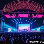 Home 19 베트남 EDM 인기 DJ 소개 - A vibrant nighttime electronic music festival scene in Hanoi, featuring a large outdoor stage illumi...