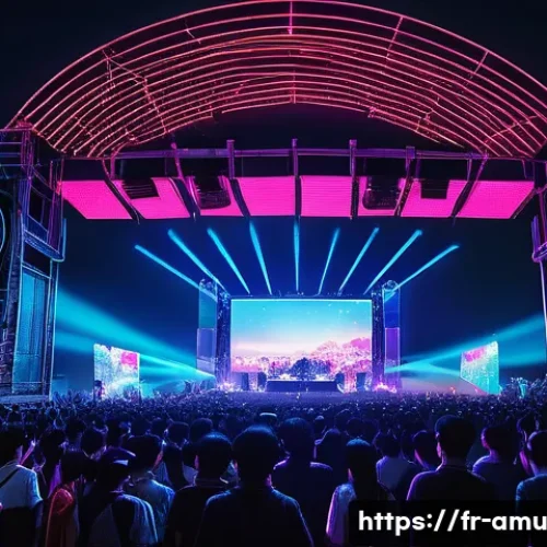 Home 31 베트남 EDM 인기 DJ 소개 - A vibrant nighttime electronic music festival scene in Hanoi, featuring a large outdoor stage illumi...