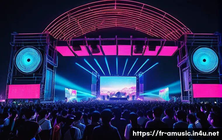 베트남 EDM 인기 DJ 소개 - A vibrant nighttime electronic music festival scene in Hanoi, featuring a large outdoor stage illumi...