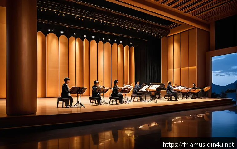 아시아 민속 음악과 클래식 융합 곡  Silk Road   by Kitaro - A serene concert hall blending traditional Asian and Western orchestral elements: an elegant stage f...